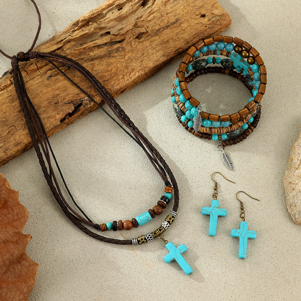 Wholesale Handmade Vintage Stacked Turquoise Cross Necklace and Bracelet Set