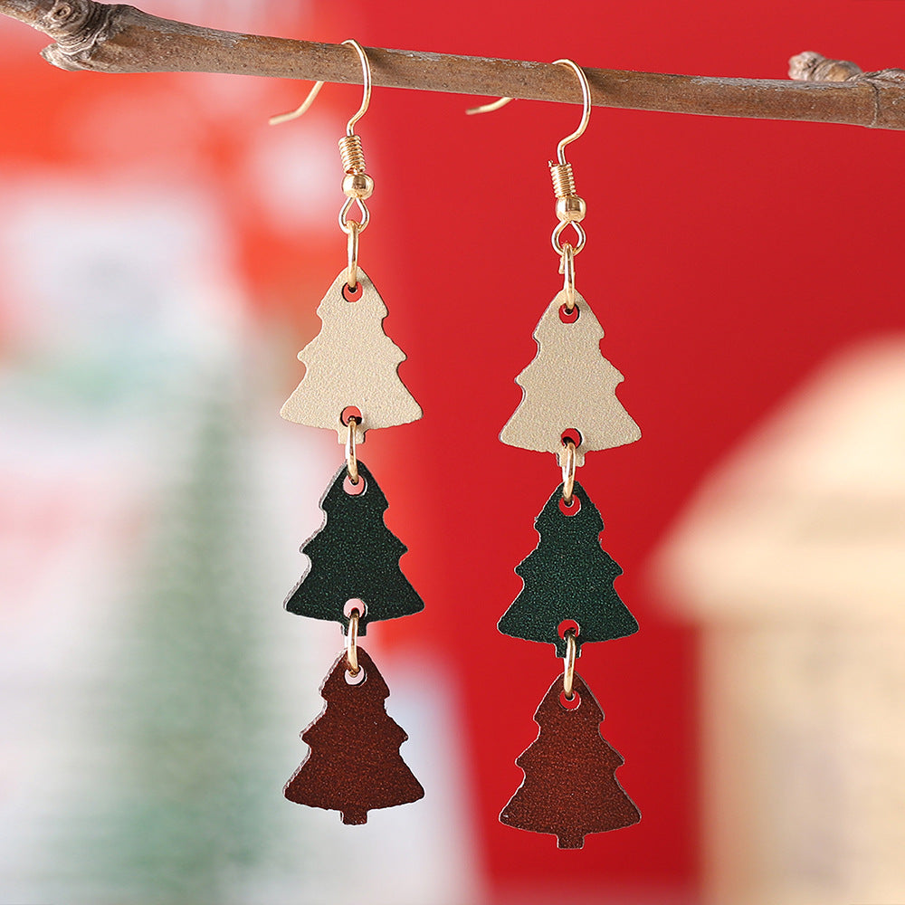 Wholesale Christmas Colorful Christmas Tree Triple Stitching Wood Double-sided Earrings ACC-ES-ChuLian072