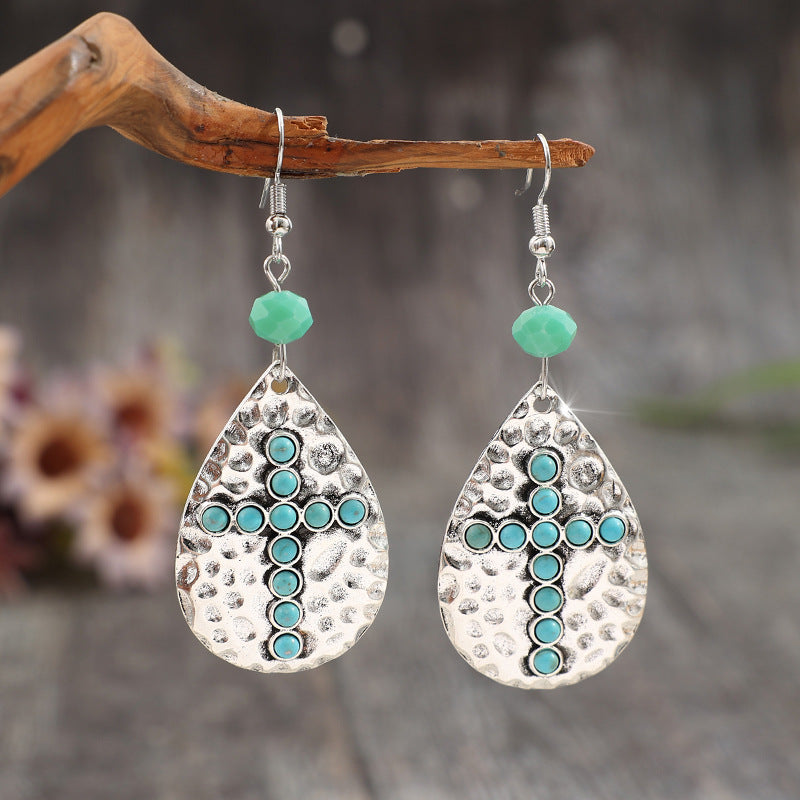 Wholesale Bohemian Drop-Shaped Hammered Earrings with Synthetic Turquoise Cross,  Zinc Alloy Electroplated - Trendy Jewelry Accessory