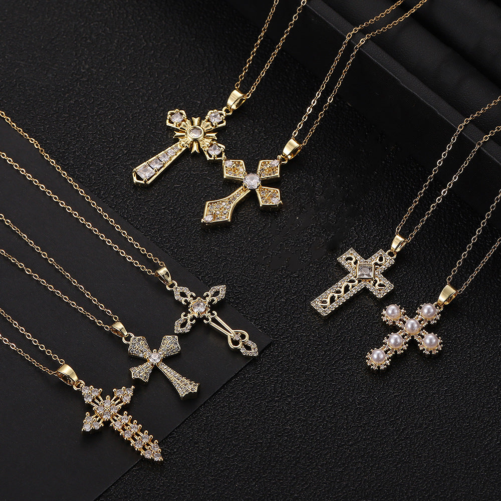 Wholesale Stylish Cross Pendant Necklace For Women Gold Plated Copper With Zircon Fashion Accessory Gift