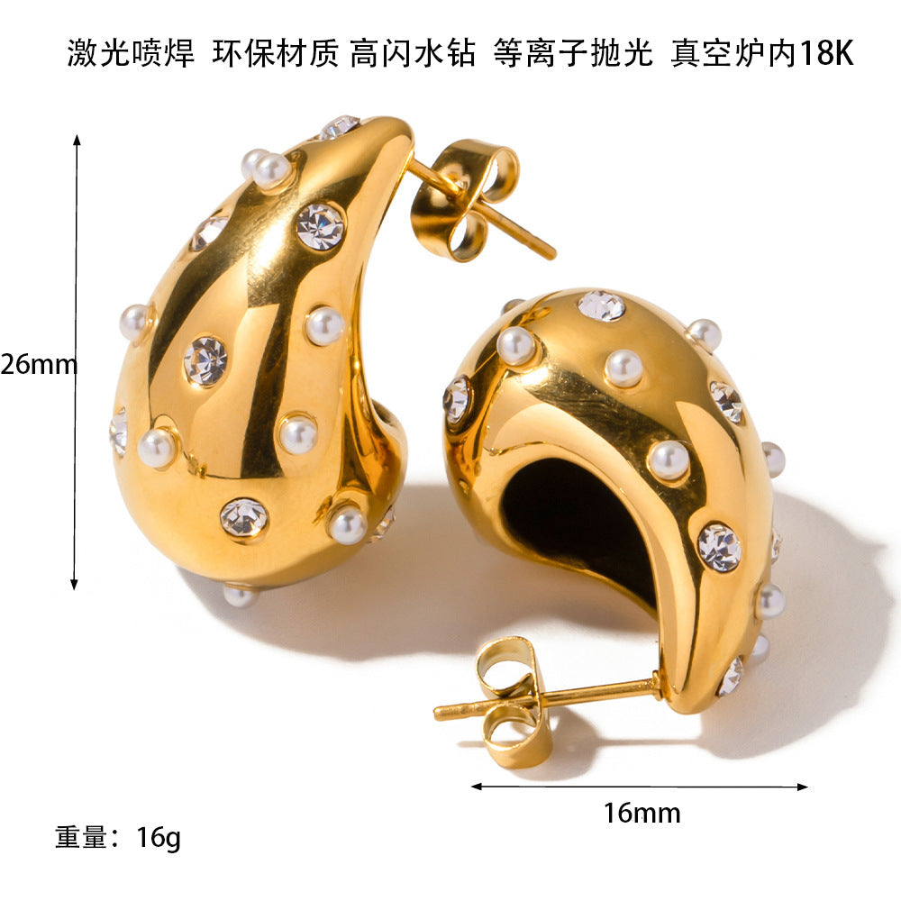 Wholesale Stainless Steel Earrings Micro-paved Pearl Hollow Three-dimensional Drop Earrings Pearl Earrings ACC-ES-Chunp004