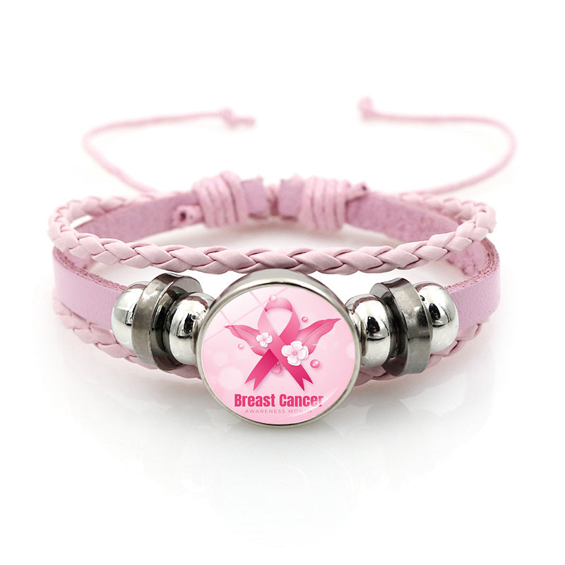 Wholesale Pink Ribbon Breast Consciousness Pink Leather Bracelet