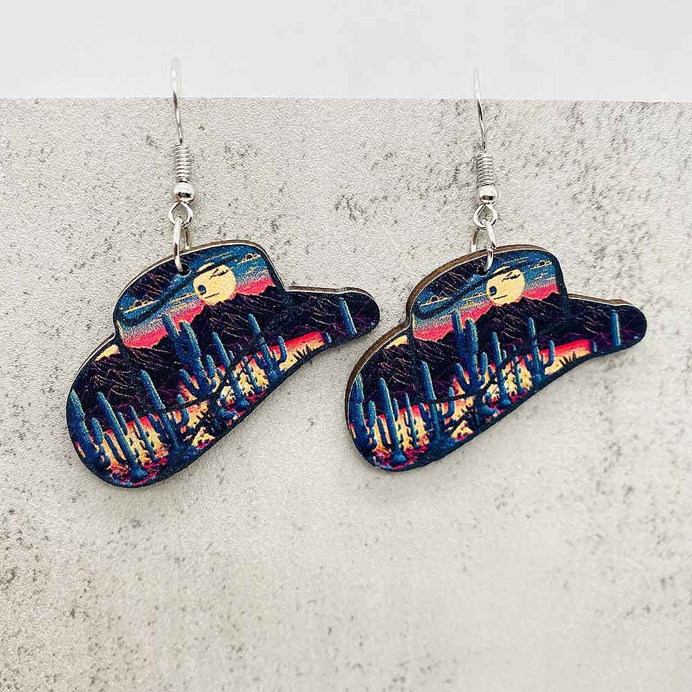 Wholesale Cactus Western Cowboy Style Wooden Earrings ACC-ES-Cheny009