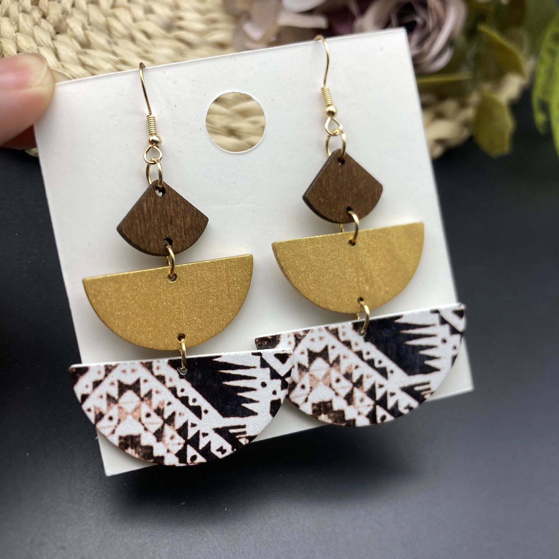 Wholesale Retro Bohemian Wood Paint Pattern Geometric Stitching Earrings ACC-ES-FX074