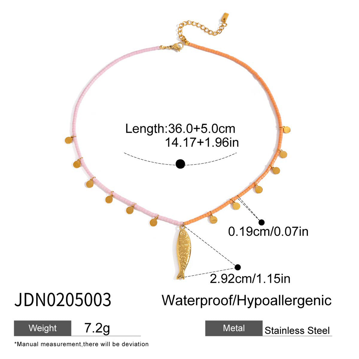 Wholesale 18K Gold Stainless Steel Rice Bead Fish Pendant Necklace