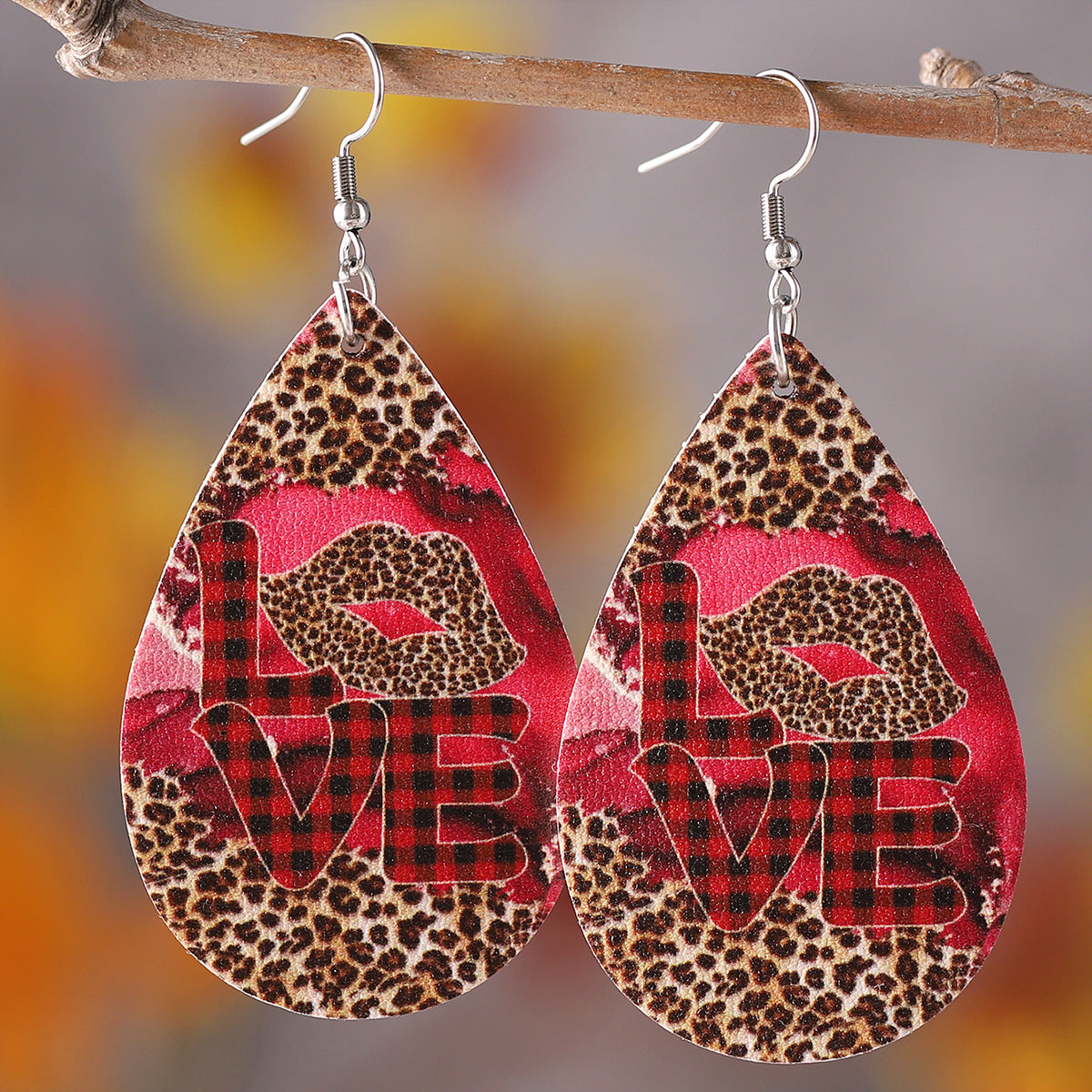 Wholesale PU leather Valentine' s Day checkered letter leopard print heart earrings