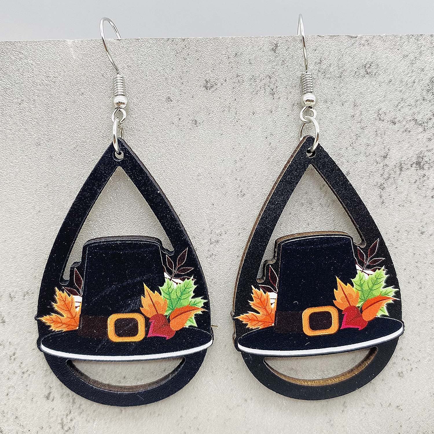Wholesale  Thanksgiving Wooden Earrings Pumpkin Turkey Maple Leaf Print Drop Earrings