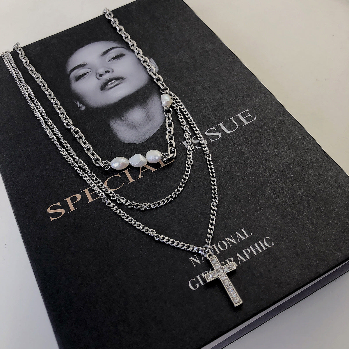 Wholesale Multi-layer Chain Pearl Cross Stitching Necklace Titanium Steel ACC-NE-NS007