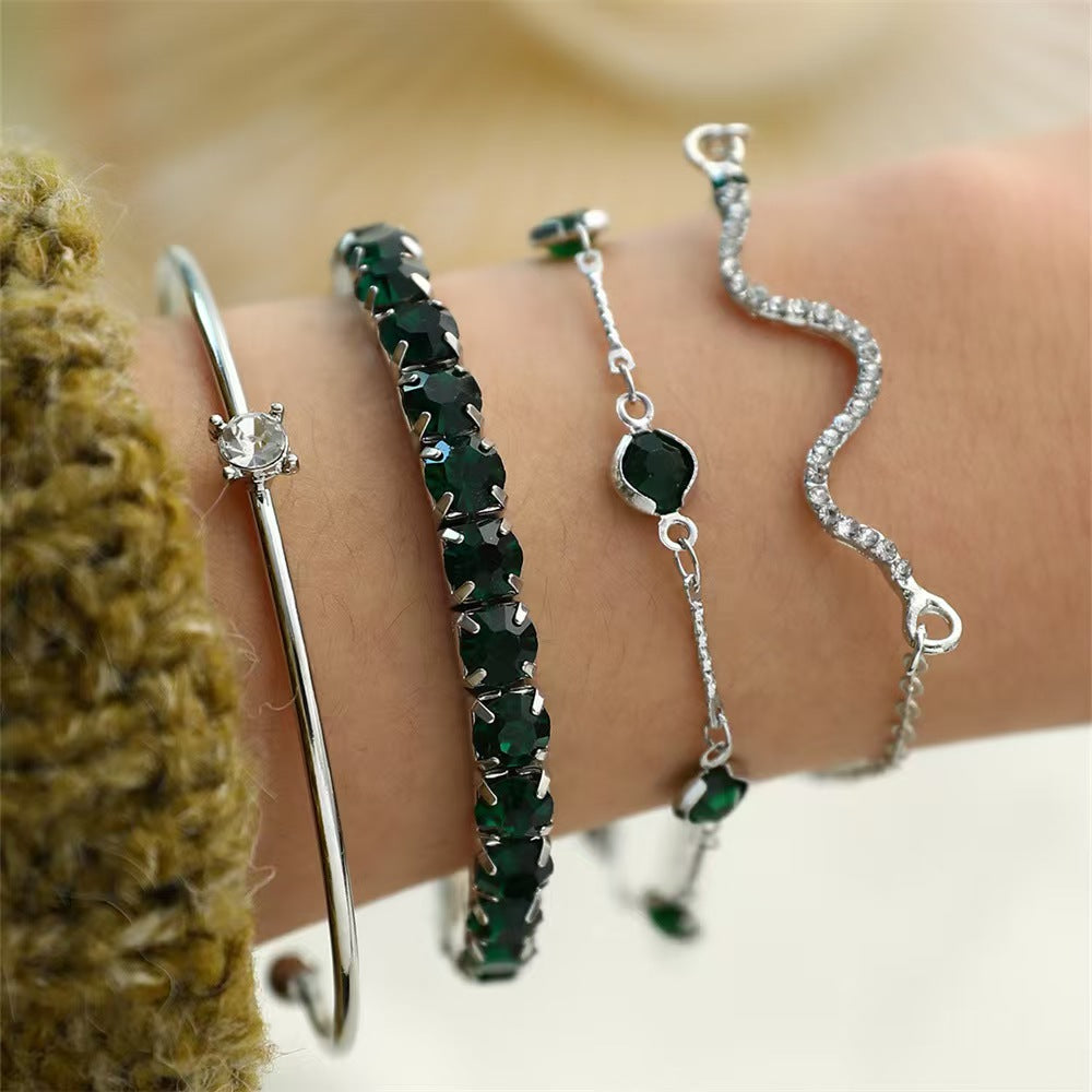 Wholesale Simple Emerald Green Diamond Bracelet Set - 4-Piece Elastic Snake Chain Bracelets for Women Fashion Accessory