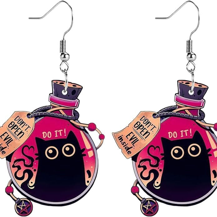 Wholesale Black Cat Dark Magic Bottle Earrings  Jewelry Accessory