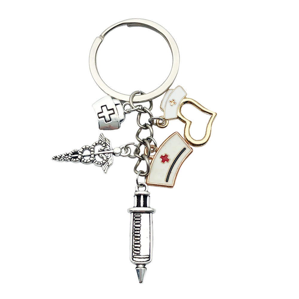 Wholesale Antique Silver Alloy Medical Syringe Stethoscope Keychain Red Heart EKG Design Creative Gift Car Key Accessory