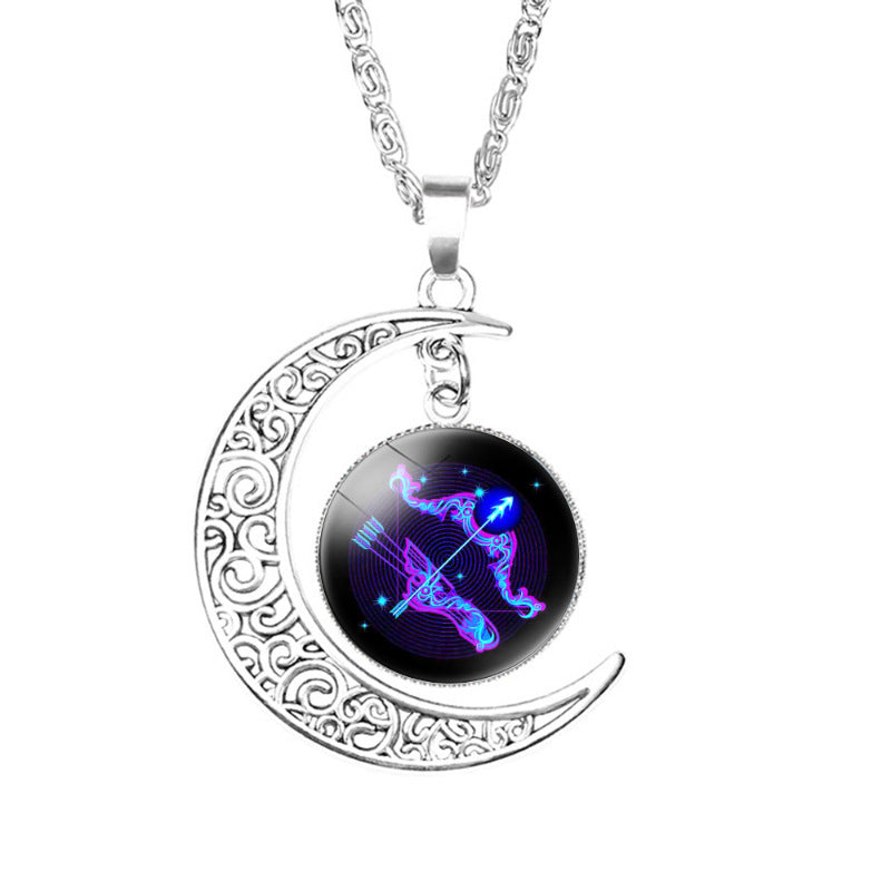Wholesale Twelve Constellation moon necklace Time Gem crescent moon pendant with chain