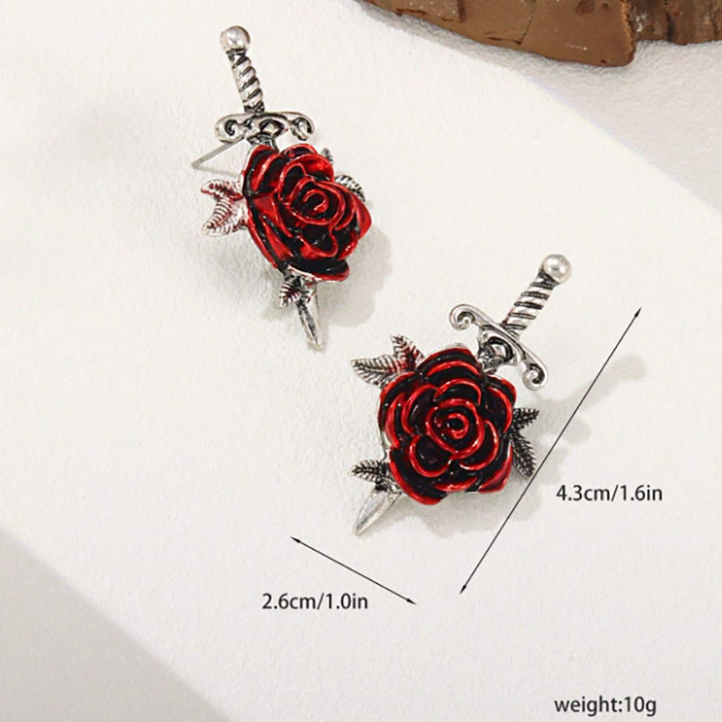Wholesale Gothic Red Rose Ear Stud  Retro Cross Creative Earrings