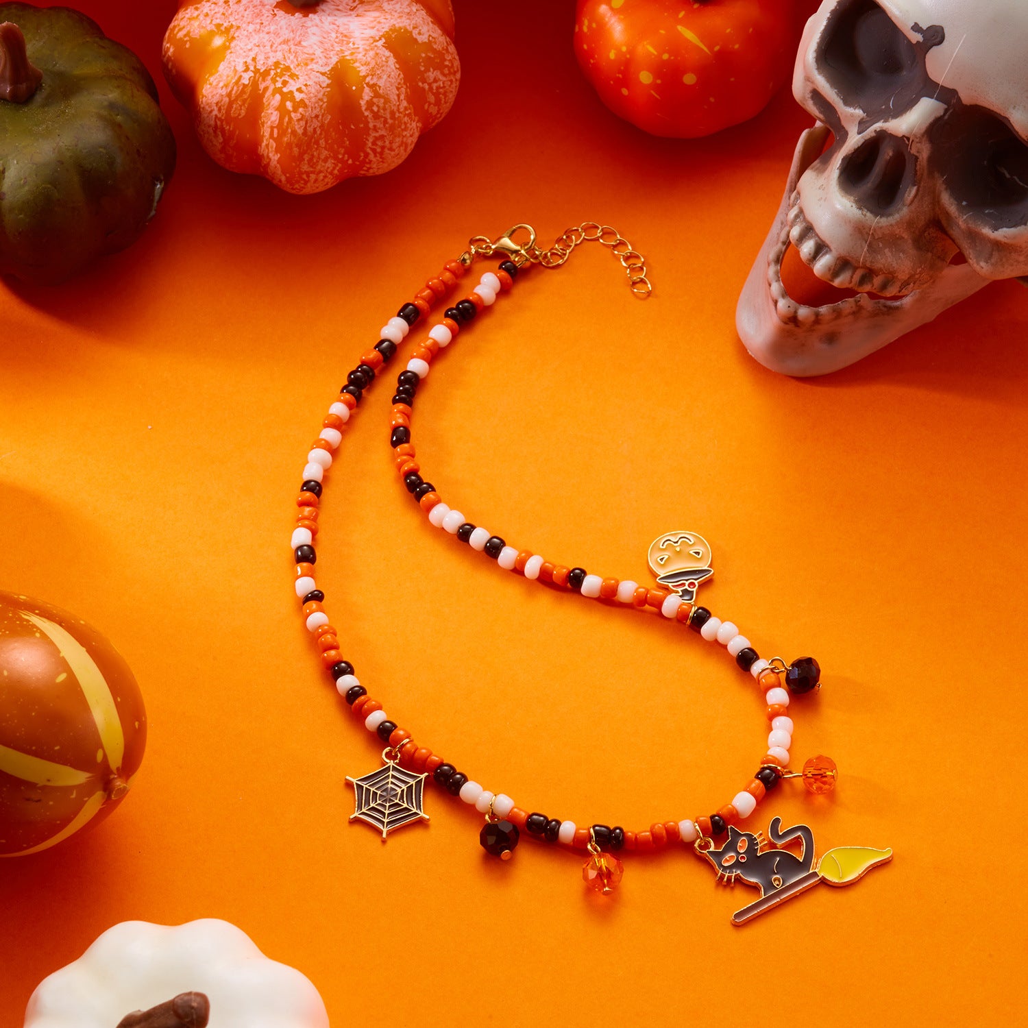 Wholesale Pumpkin Color Horror Style Ghost   Rice Beads  Necklace