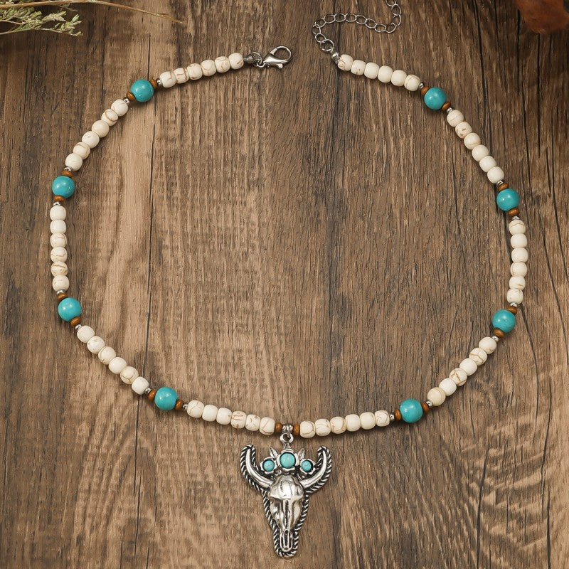 Wholesale Ethnic Style Turquoise Bull Head Carved Handmade Beaded Necklace ACC-NE-JunJie016