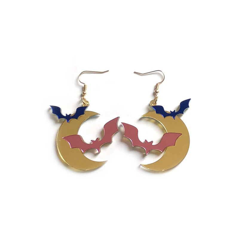 Wholesale Long Mirror Acrylic Gold Moon Bat Earrings  Fashion Accessory