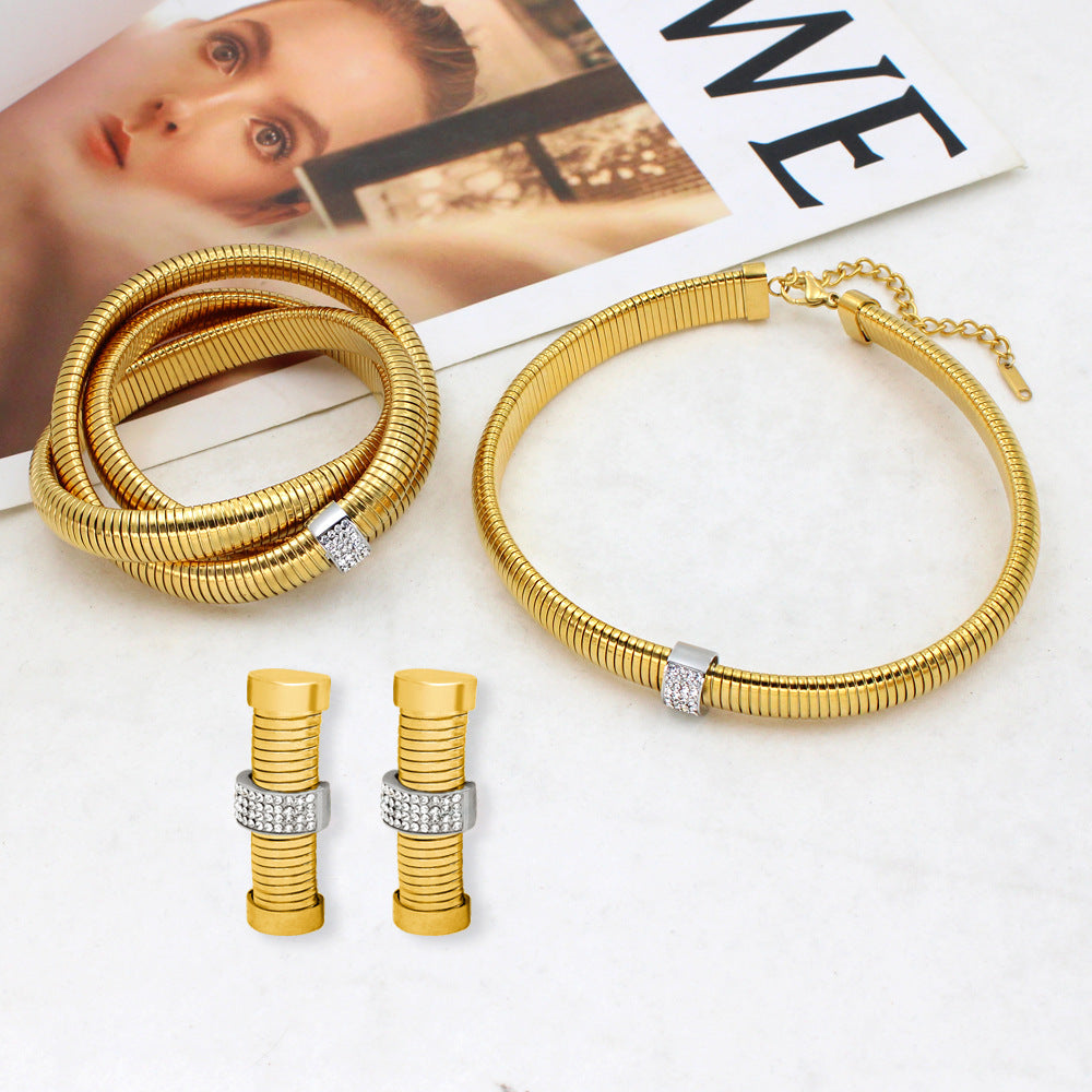 Wholesale Stainless Steel Bracelets Threaded Snake Chain Zirconia Jewelry Set Necklace Bracelet Earrings ACC-BT-Yueshi005