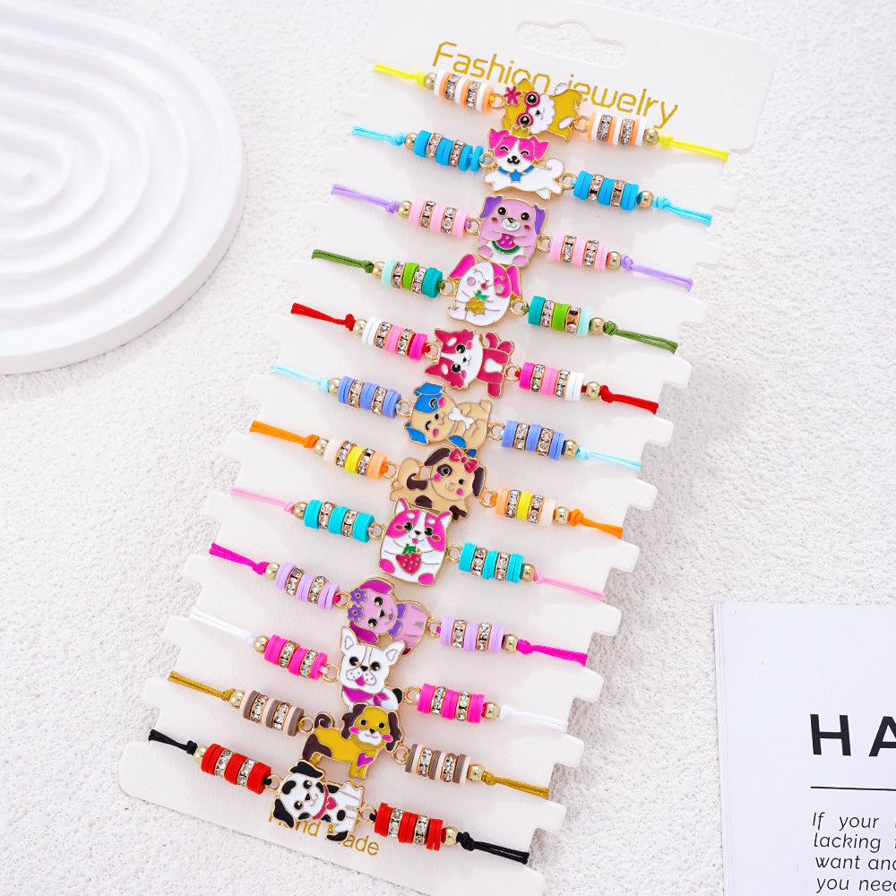 Wholesale Colorful polymer clay beaded cartoon animal pattern bracelet hand-woven adjustable size children' s jewelry