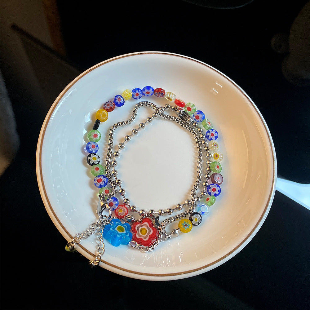 Wholesale Rainbow Glass Flower Stacking Necklace Titanium Steel Necklace ACC-NE-Yuxi010