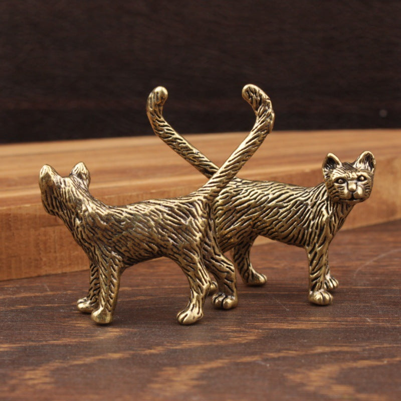 Wholesale Brass Cat Figurine Long-Tailed Chinese Style Retro Home Decor Decorative Accent