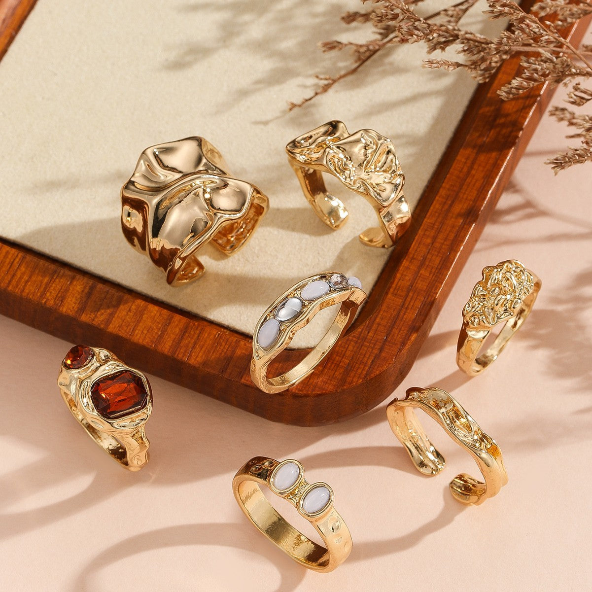 Wholesale Liquid Lava Irregular Moonstone Ring Set 7 Piece Gold Geometric Jewelry Accessory Boutique Gift For Everyday Wear