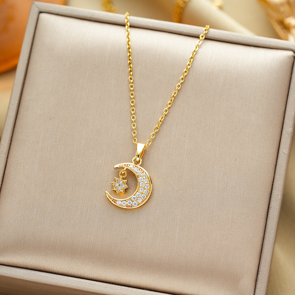 Wholesale  Light Luxury Titanium Steel Necklace Diamond Lucky Moon Star Pendant Micro-inlaid Zircon Necklaces