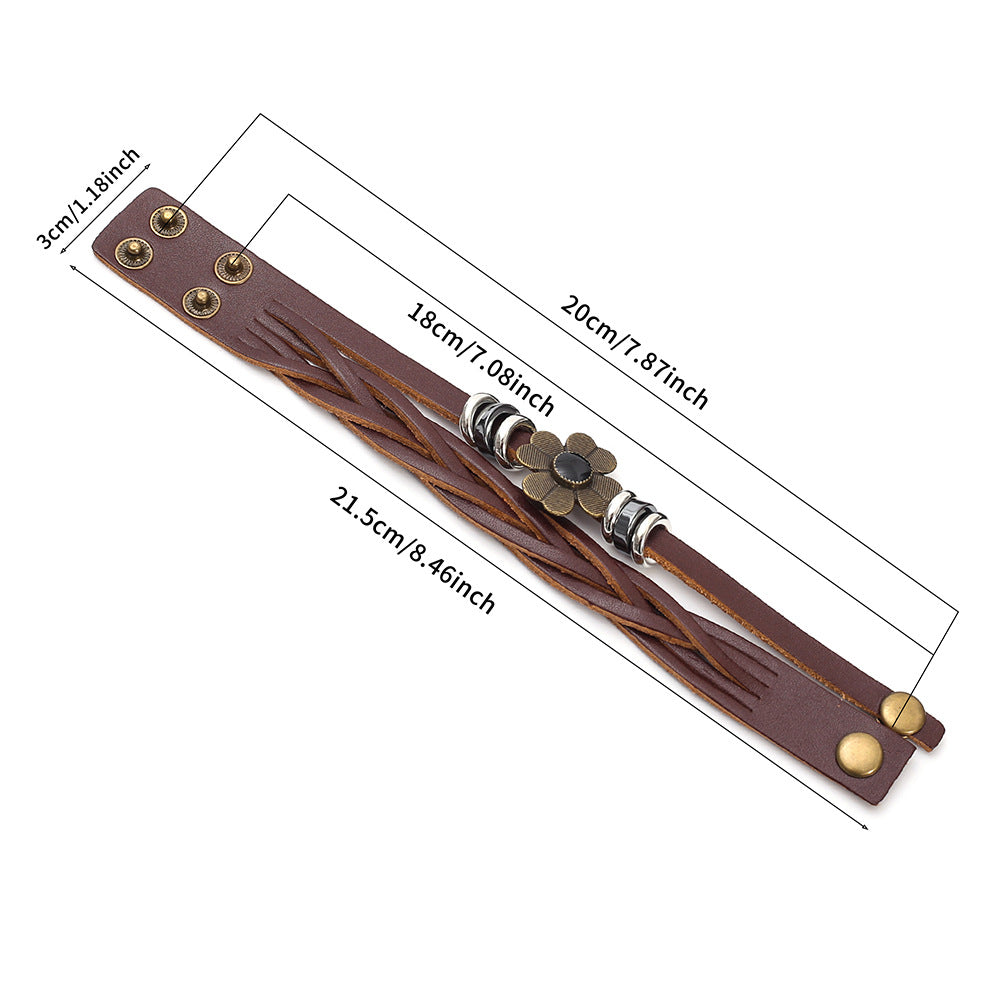 Wholesale Vintage Handwoven Leather Bracelet Unisex Floral Magnetic Clasp Fashion Accessory