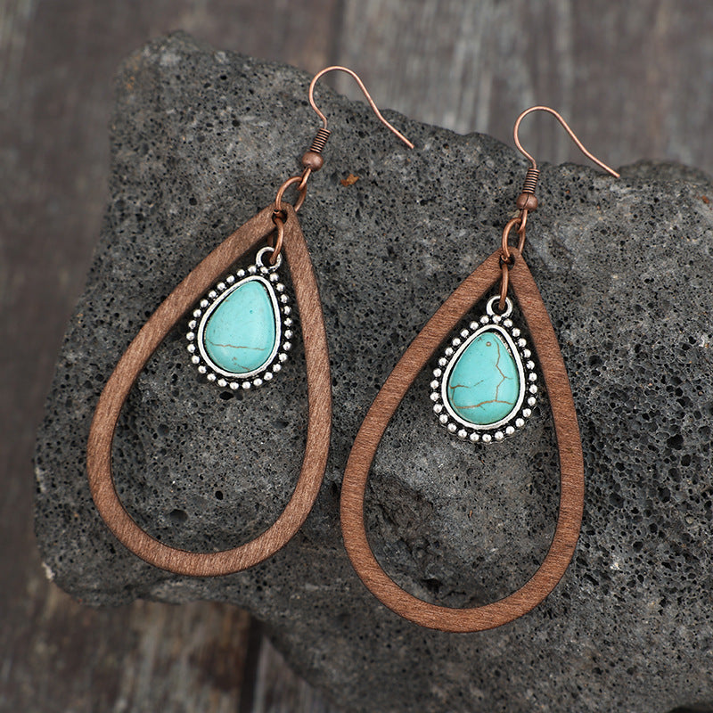 Wholesale  Western Style New Drop-Shaped Hollow ing Turquoise Retro Style Wooden Earrings