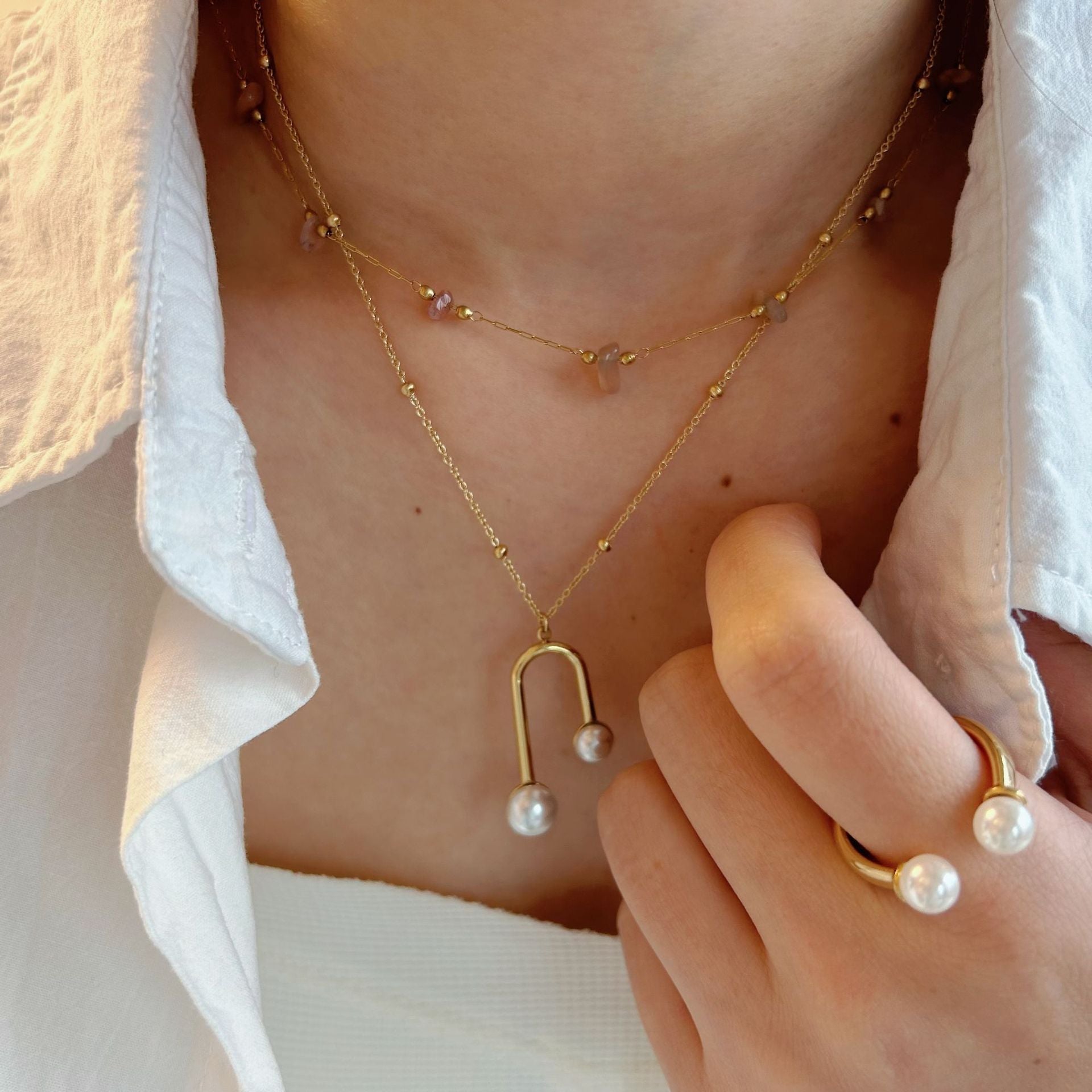 Wholesale Natural Stone Beaded Necklace Beads Geometric Pendant Stainless Steel Chain