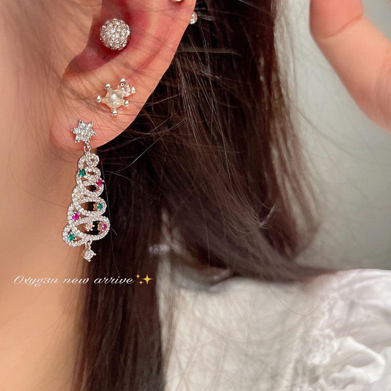 Wholesale Full diamond colorful zircon Christmas tree earrings