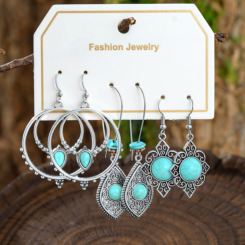 Wholesale European and American Cross-Border Hot Selling New Turquoise Earrings Set Fashion Ethnic Holiday Style Earrings Earrings Manufacturer
