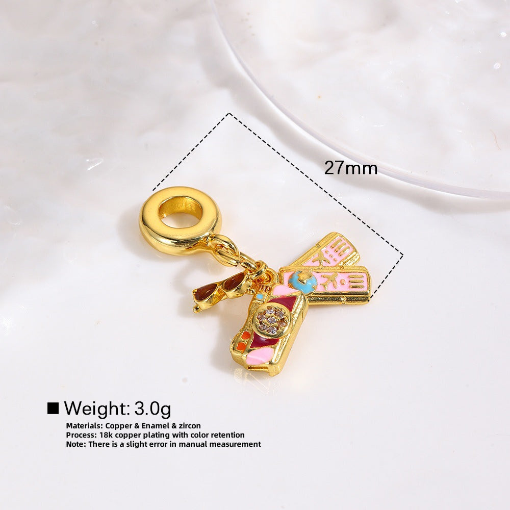 Wholesale Copper oil drop grape cola suitcase camera earphone three-piece pendant set