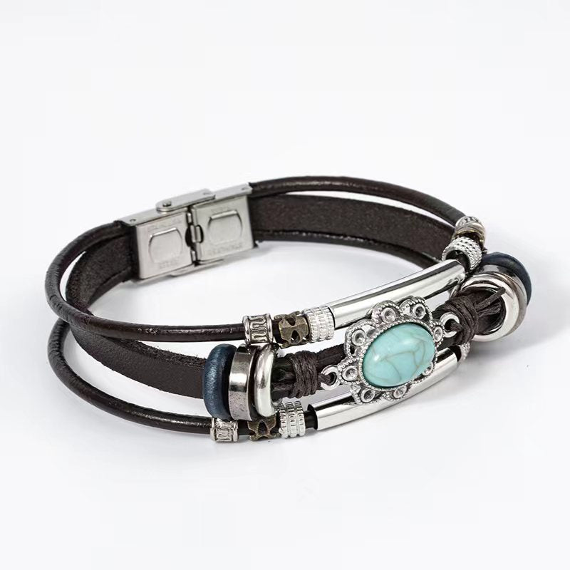 Wholesale 3PCS Leather multi-layered turquoise bracelet
