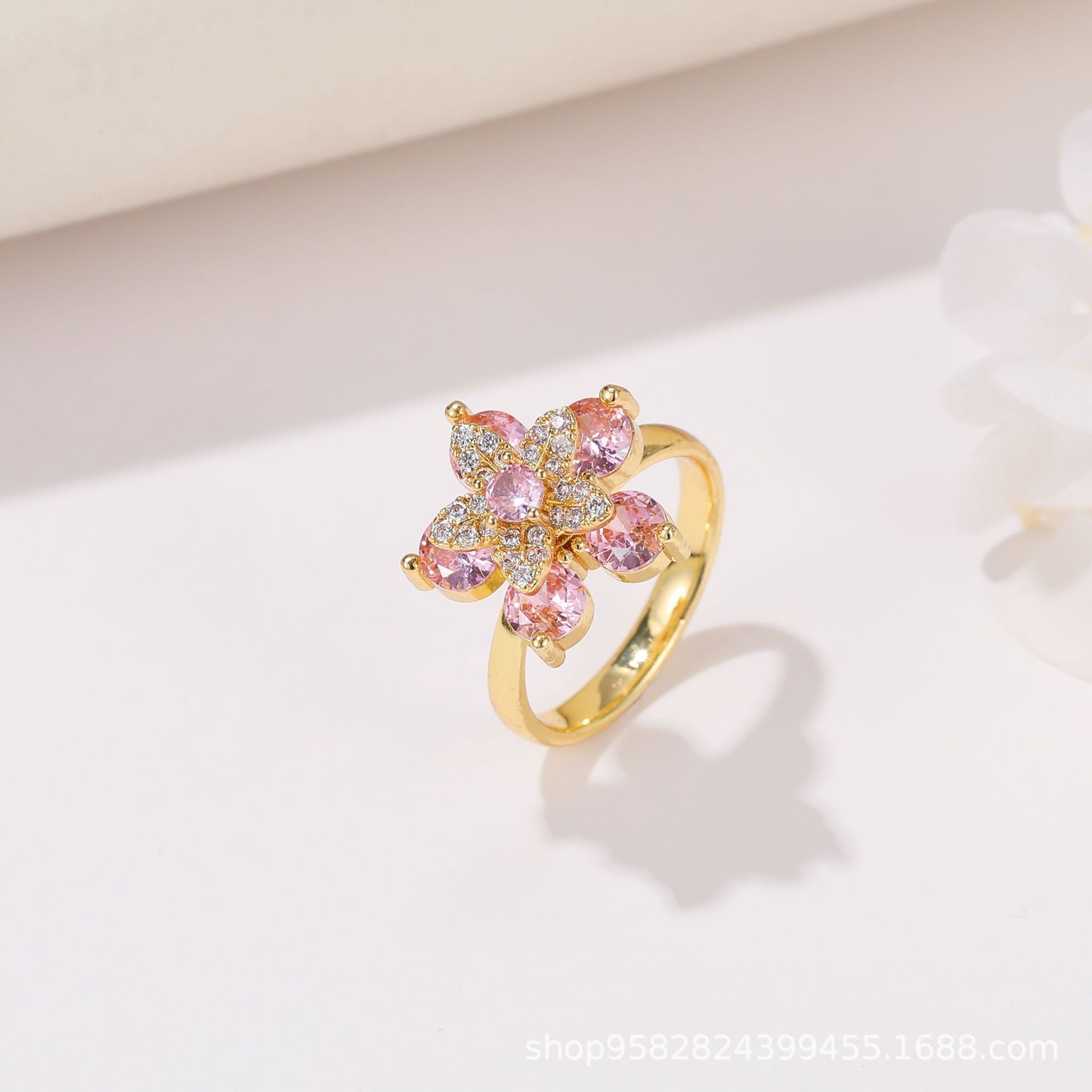 Wholesale 360° Rotating Double-Layer Flower Ring Gold Plated Zircon Fashion Accessory Boutique Gift