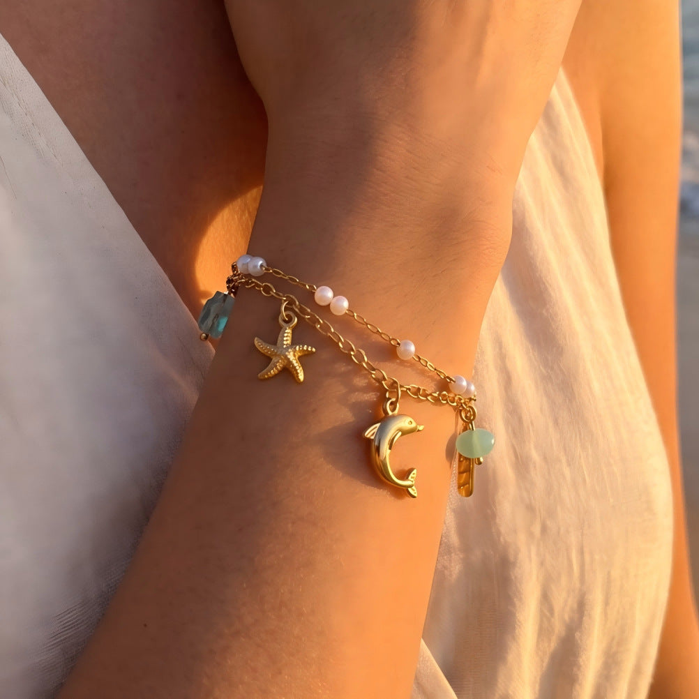 Wholesale Gold Plated Titanium Steel Ocean-Style Shell Starfish Pendant Bracelet Jewelry Accessory