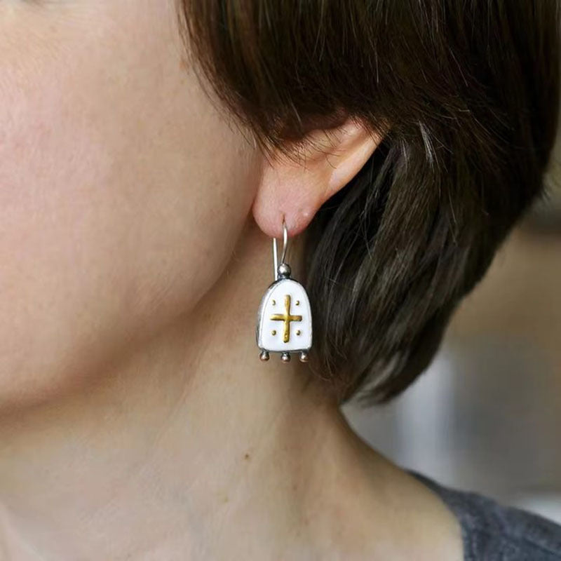 Wholesale Vintage gold cross personality earrings creative  geometric white enamel pendant earrings