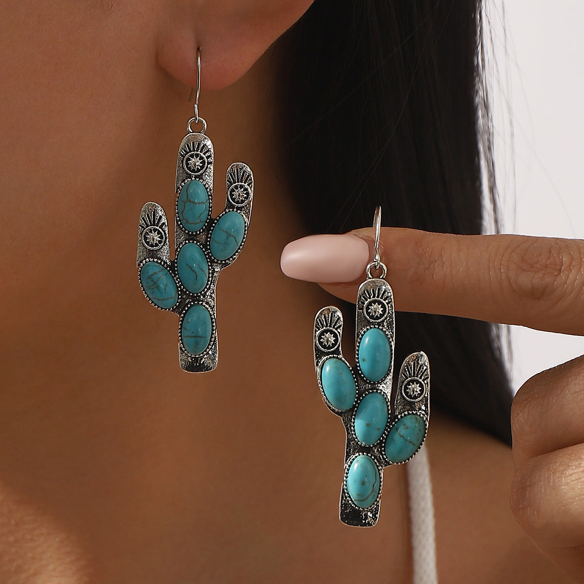 Wholesale  retro cactus carved old earrings cross-border western pine stone earrings earrings