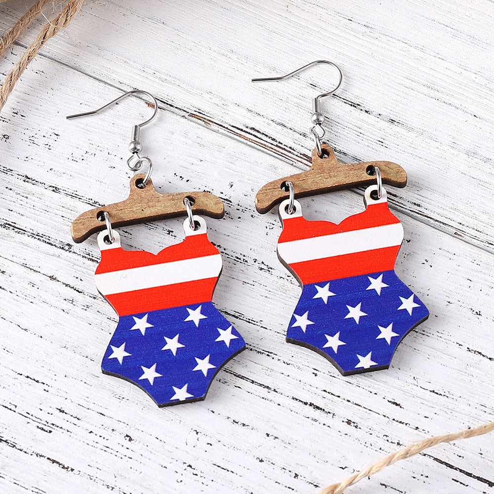 Wholesale of American Independence Day Five Pointed Star Rainbow Bull Head Heart Wooden Double Sided Earrings ACC-ES-ChuLian015