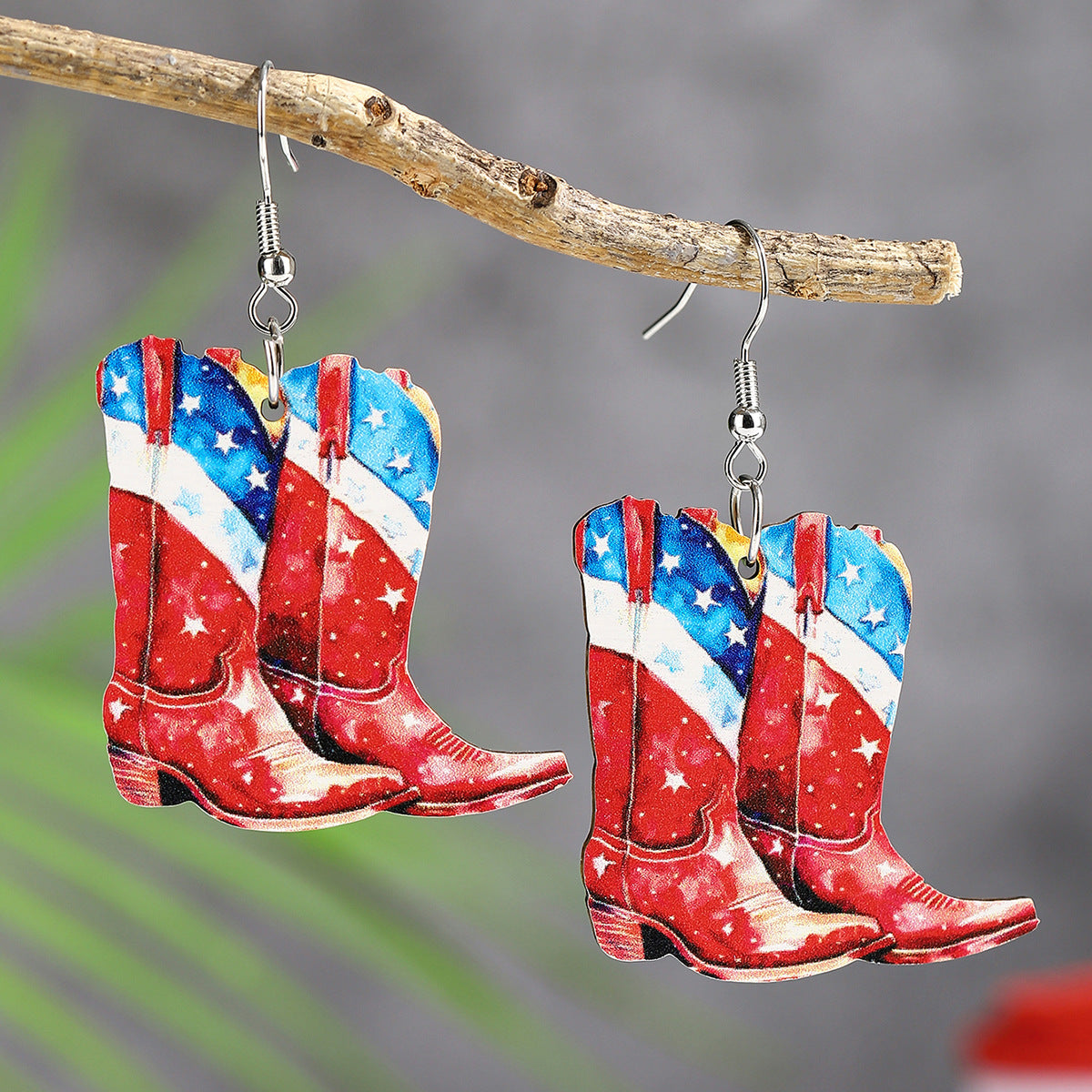 Wholesale  US Independence Day Element Wooden Water Drop Earrings