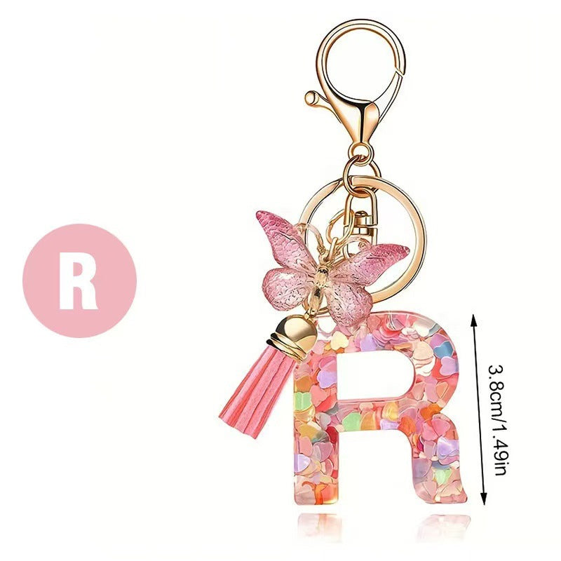Wholesale Trendy Cute 26 Piece Alphabet Initial Keychain Set With Tassel Butterfly Pendant Bag Charm Gift