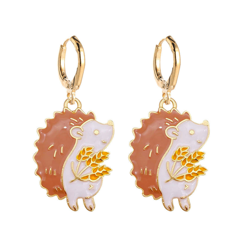 Wholesale Thanksgiving Cute Hedgehog Fox Scarecrow Pumpkin Wheat Alloy Oil Drop Earrings ACC-ES-ChenY050