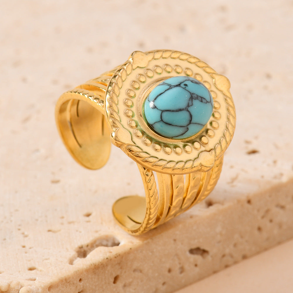 Wholesale Vintage Bohemian Open Stainless Steel Ring with Turquoise Inlay Jewelry Accessory