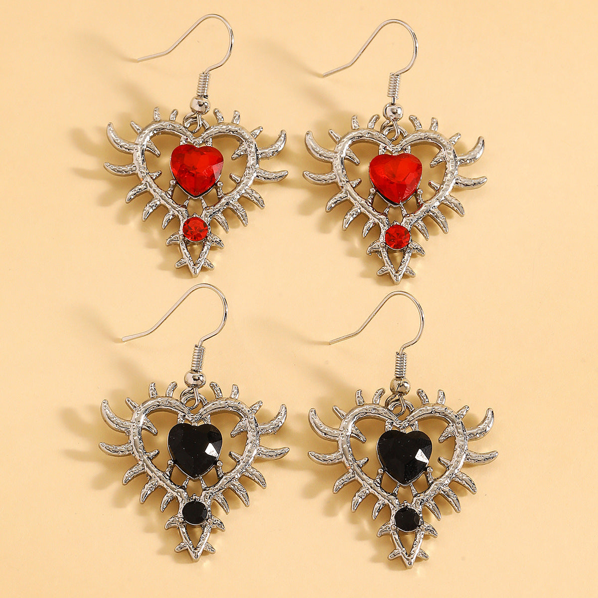 Wholesale Punk Chic Heart Rhinestone Earrings Retro Red Black Alloy Ear Hooks Sweet Cool Girl Fashion Accessory Boutique Resale