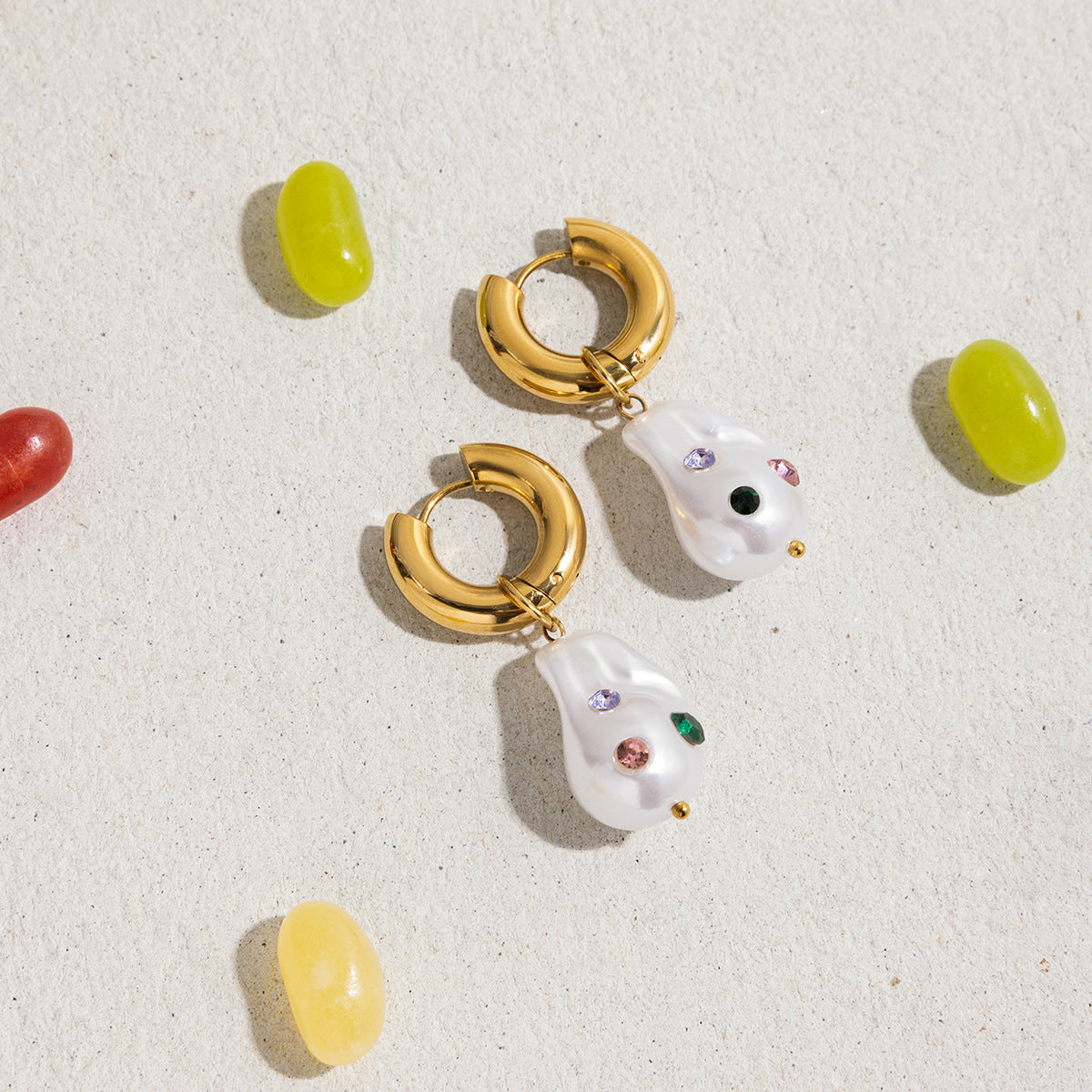 Wholesale 18K Gold Stainless Steel  Colored Diamond Resin Pearl Pendant Earrings