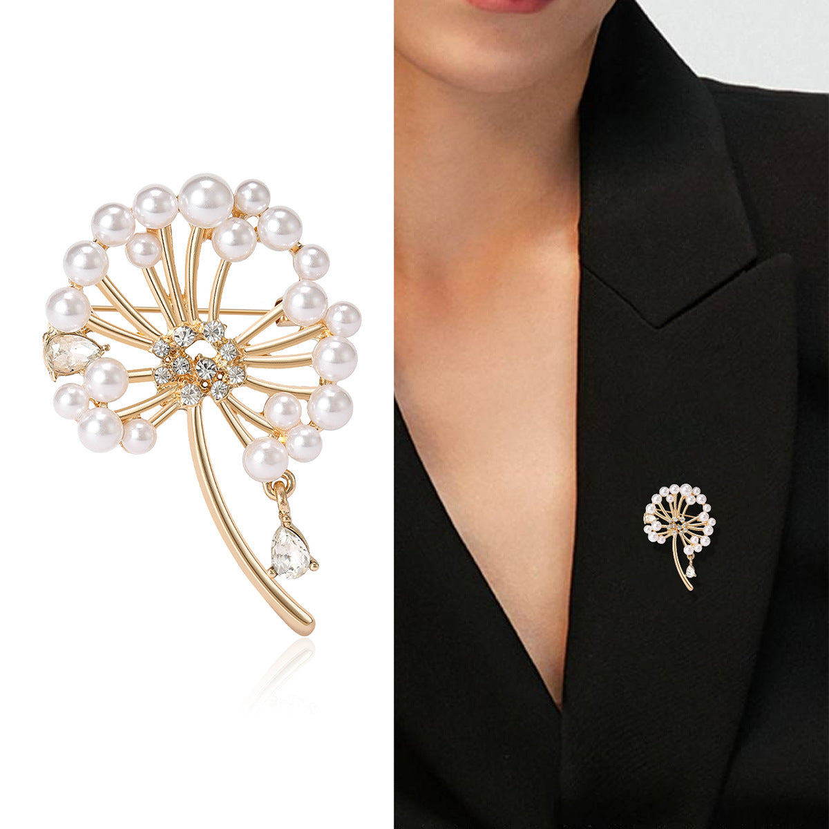 Wholesale Chic Dandelion Pearl Flower Brooch Alloy Pin For Women Casual Shawl Clasp Fashion Accessory