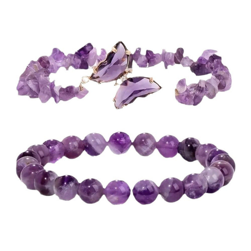 Wholesale Butterfly Design Natural Stone Bracelet Set - Amethyst Handmade Beads Jewelry Accessory