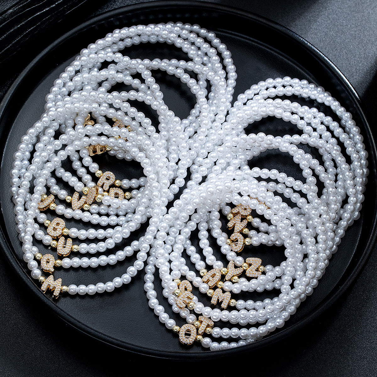 Wholesale Brass inlaid zirconium letter pearl beaded elastic anklet