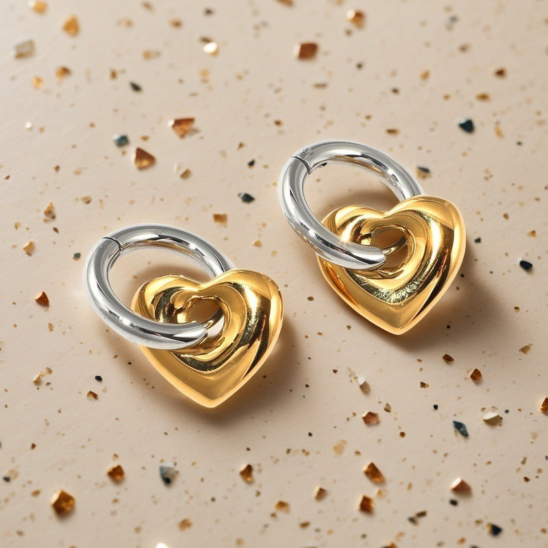 Wholesale stainless steel contrast color genuine 18k gold plated heart earrings