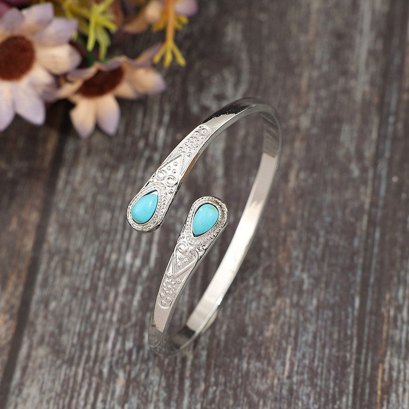 Wholesale Retro Carved Gemstone Alloy Bracelet - Adjustable Boutique Resale
