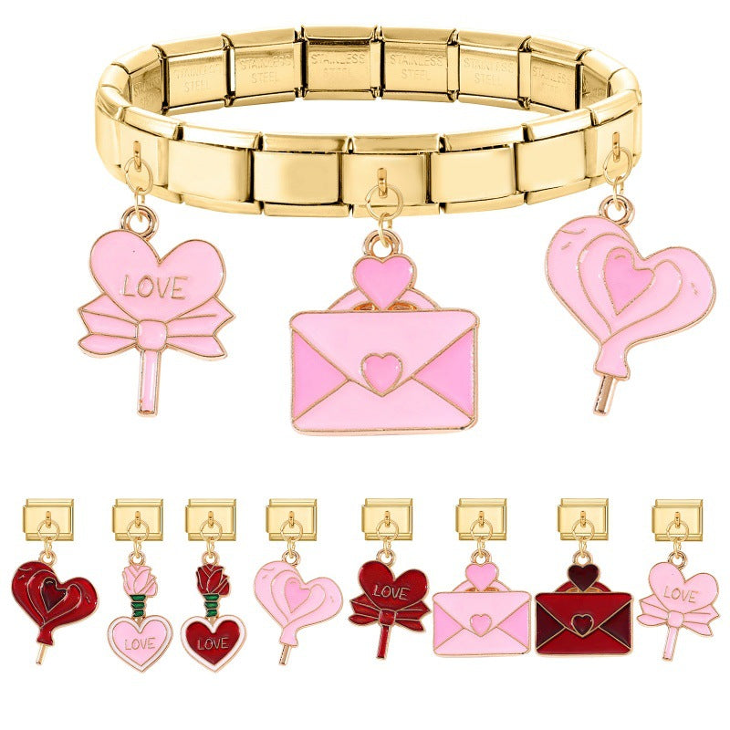Wholesale Italian Charm Bracelet 9mm DIY Splicing Gold Heart Envelope Series Stainless Steel Composable Bracelet